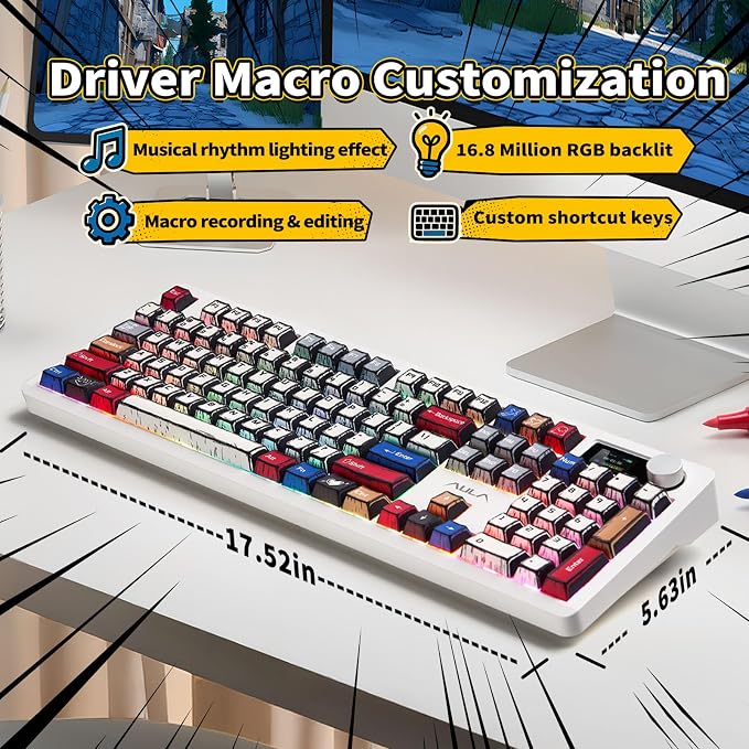 AULA Wireless Mechanical Gaming Keyboard Full Size 8000mAh with Knob&Screen | Hot Swappable Custom,RGB Backlit,Creamy Pre-lubed Blaze Switches,PBT Keycaps,Tri-Mode BT/2.4GHz/USB-C,F106Pro Comic Mix Color - Image 7