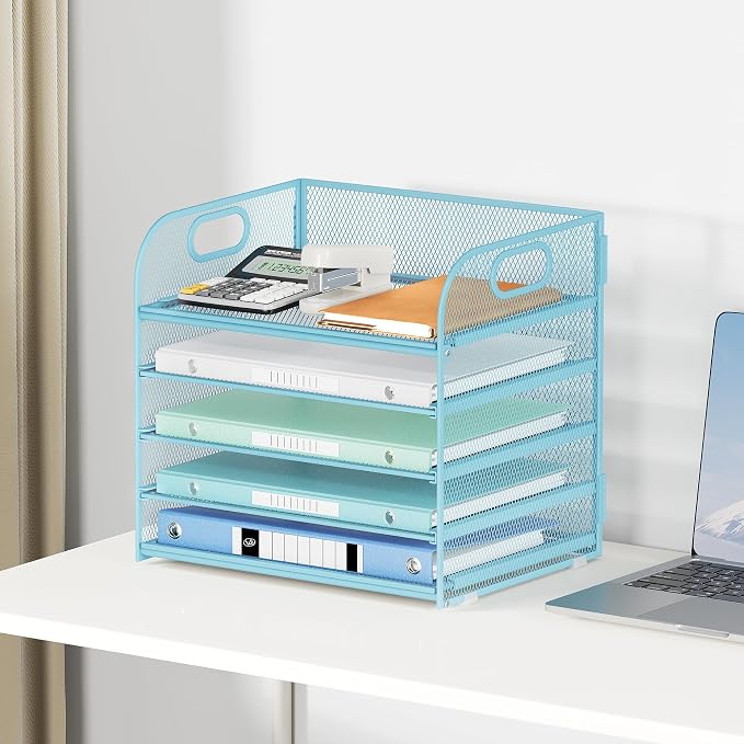 Lavatino Desk Letter Tray Paper Organizer for Desk 5-Tier with Handle Mesh Desktop File Organizer Paper Holder for Classroom Office Accessories - Blue - Image 6