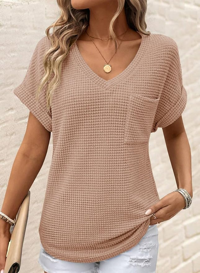 Dokotoo Womens Waffle Knit Tops 2026 Spring Summer V Neck Shirts Casual Trendy Women's Blouses Basic Tee - Image 2