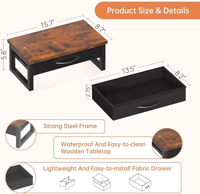 Computer Monitor Stand Riser with Drawer, 2-Tier Desk Accessories & Workspace Organizers, Laptop Stand for Desk with Storage, Office Organization, Wood - Image 6