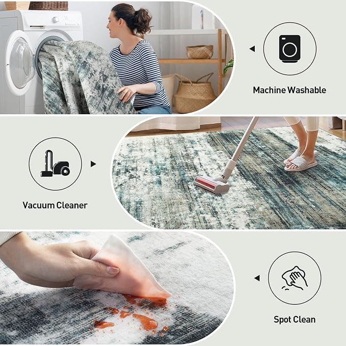 8x10 Area Rugs Washable Rug: Large Modern Abstract Living Room Rug Soft Anti-Skid Thin Carpet Indoor Floor Non-Shedding Carpets for Bedroom Dining Room Farmhouse Nursery Home Office Green Multi - Image 4