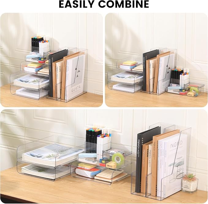 CiWiVOKi Desk Organizer with 2 Vertical File Holder, 4 Tier Stackable Paper Letter Tray File Organizer with 5-Compartments Pen Holder, Clear Desktop Organizer Office Organization and Storage - Image 6