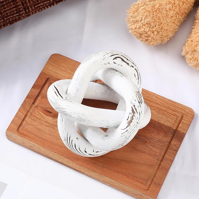 Yalikop 3 Link Wood Knot Decor Rustic Home Décor Accents Hand Carved Coffee Table Decoration, Boho Chain Link Decoration, Modern Shelf, Rustic Objects for Home Living Room Bedroom(Retro White) - Image 7