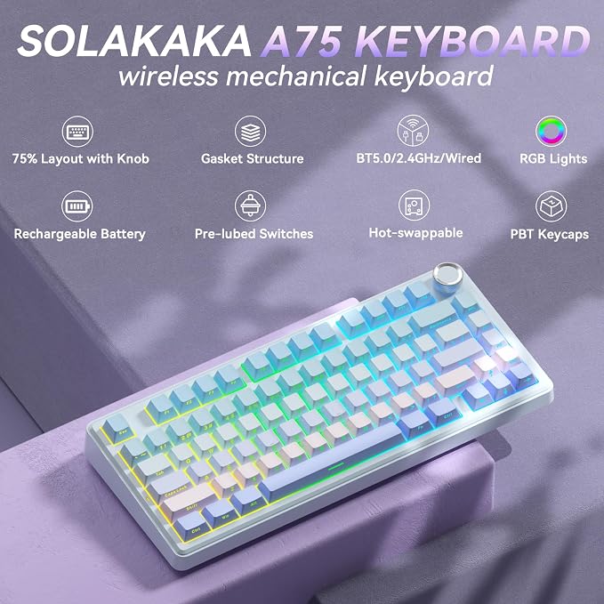 SOLAKAKA A75 Wireless Mechanical Keyboard, Hot Swappable Gaming Keyboard with RGB Backlit, Multifunction Knob, Gasket Mounted Creamy Keyboard, BT5.0/2.4GHz/USB-C, 75% Compact Layout for Win/Mac/PC - Image 2
