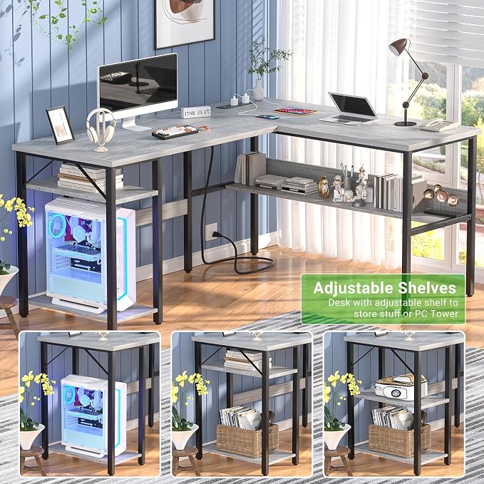 Unikito L Shaped Computer Desk with Magic Power Outlets and USB Charging Ports, Sturdy Reversible Corner Desk with Storage Shelves, Modern Work Desk for Home Office, Easy to Assemble, White Oak - Image 6
