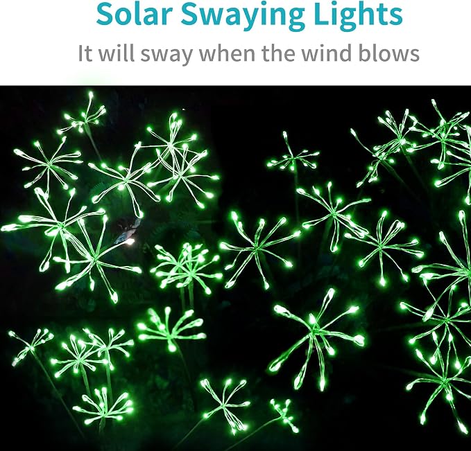 JJGoo Solar Garden Lights, New Upgraded 2 Pack Solar Swaying Starburst Light, Waterproof Fireworks Outdoor Lights, Yard Patio Pathway Decoration, Green - Image 3