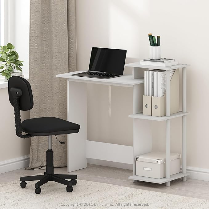 Furinno EFFICIENT Desk, 28.6" Wide Gaming Desk with 3 Open Side Shelves, Laptop Notebook Computer Desk, Office Desk for Home Office, Study Room, Dorm, Bedroom, White - Image 2