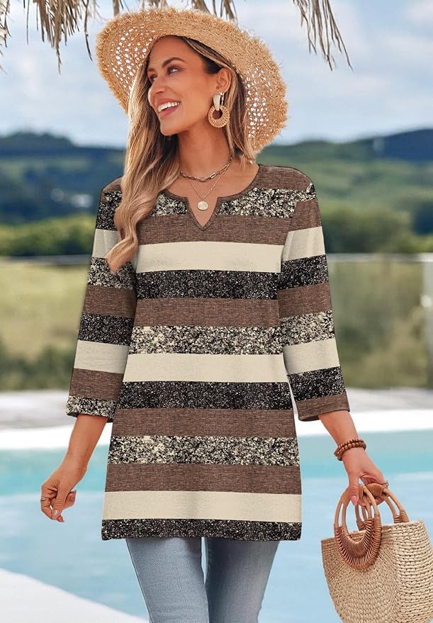OFEEFAN Summer Boho Tops For Women 3/4 Length Sleeve Womens Tops Vacation Outfits - Image 3