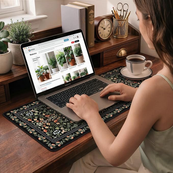 iCasso Aesthetic Floral Desk Mat,Retro Mouse Pads,31.5x11.8in, Black | Anti-Slip Mousepad with Stitched Edges, Waterproof Computer Pad, Desk Accessories Office Decor for Women - Image 8