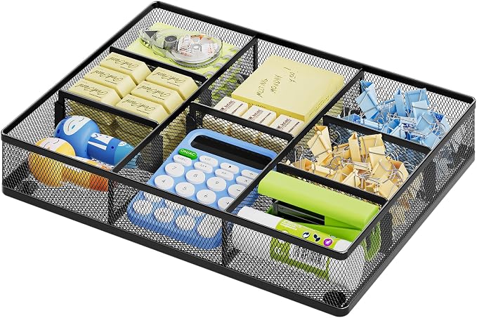 Marbrasse Desk Drawer Organizer, Metal Mesh Drawer Organizer Tray with 5 Adjustable Compartments,Desk Organizers and Accessories for Home,Office,Kitchen,Makeup,Vanity (Black) by Marbrasse