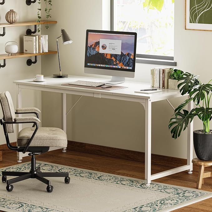 Huuger Computer Desk, 63 Inch Office Desk, Gaming Desk with Storage, Writing Desk Work Desk for Home Office, Study, Modern Simple Desk, Large Legroom, Metal Frame, White - Image 7