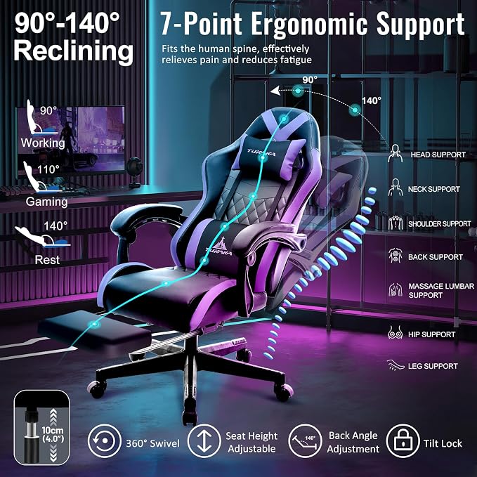 Gaming Chair,Ergonomic Massage Office Chair with Footrest,Purple | Pocket Spring Cushion,Reclining,Thick High Back,Headrest and Lumbar Support,Adjustable Leather Computer Chair Gamer Chair - Image 6