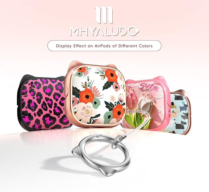 for AirPods 4 Case with Cleaning Kit, Cute Cat Ear Print Design & Cute Buckle, Inverted Phone Holder Design, Top Safe Lock Buckle Design, for Girls AirPods 4 case 2024, Rose Gold Flower - Image 6