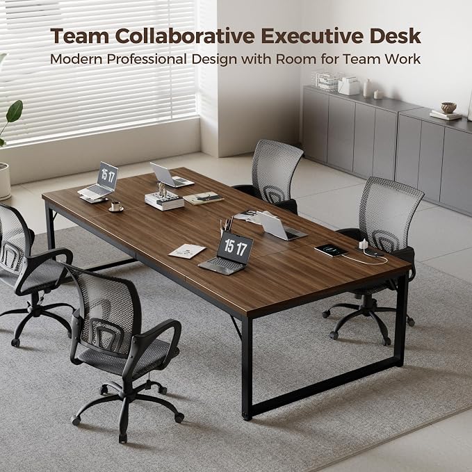 Mericonia 63x28 Inch Computer Desk w/Power Outlets, 1.2" Thick Office Table | Modern Simple Style, Heavy Duty Industrial Frame, Large Study & Writing Table for Home Bedroom Work, Walnut - Image 3
