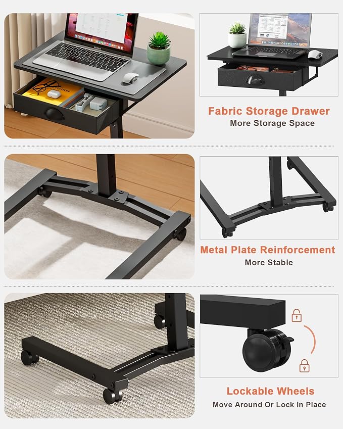 Rolling Adjustable Height Standing Desk With Drawers, Small Mobile Laptop Desk Cart On Wheels For Small Spaces Home Office, Portable Sitting Laptop Table For Bed Couch Load Up To 60LBS, Sturdy, Black - Image 6