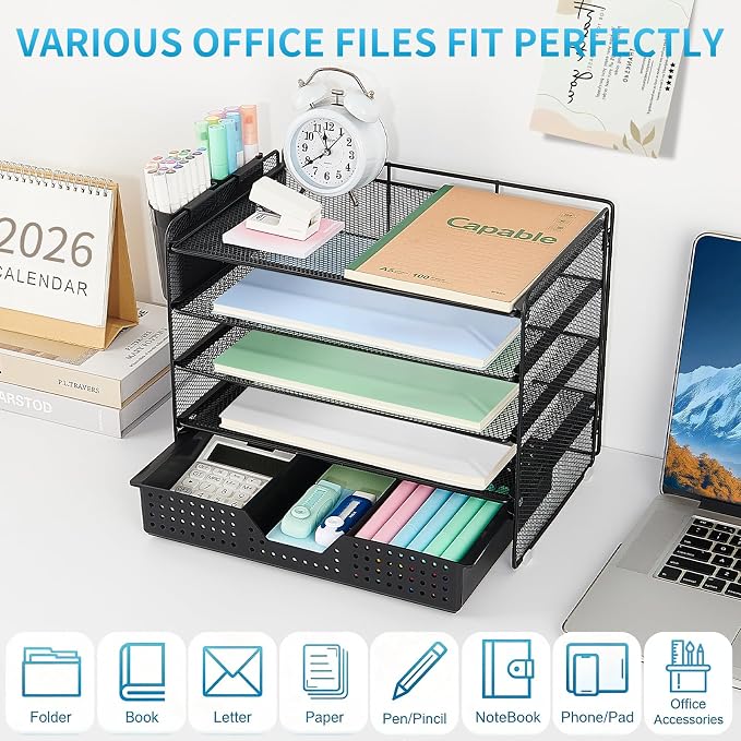 LEKETREE Desk Organizer and Accessories, 5-Tier Paper Letter Tray Organizer with Drawer & 2 Pen Holders for Desktop File Organization, Office Desk Accessories for Supplies Storage (Black) - Image 4