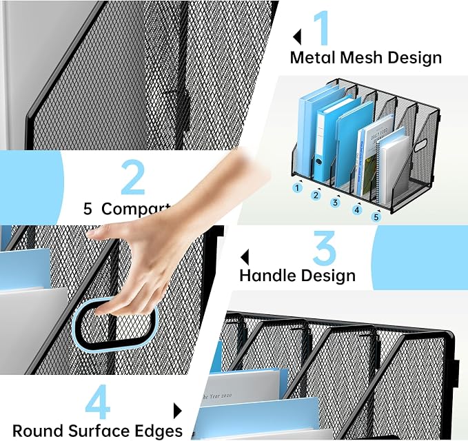 MINDEPOT Desk File Organizer Folder Holder with 5 Vertical for Office Black | Sturdy Metal Mesh, Magazine Folder Holder, Rack File Organizer for Home School, 5 Vertical Compartments - Image 5