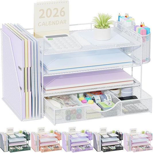 gianotter Desk Organizers and Accessories with File Holder, 4-Tier Desk Accessories & Workspace Organizers with Drawer and 2 Pen Holder, Paper Organizer for Office Supplies (White) by gianotter