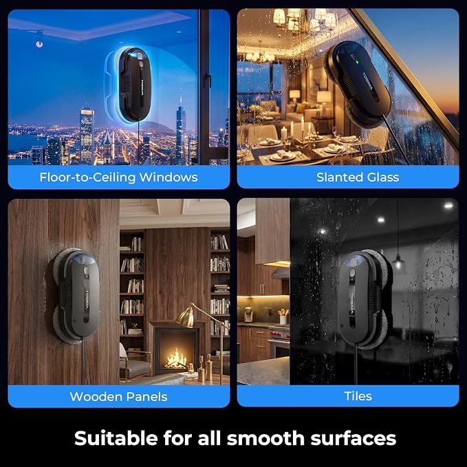 Tosima X1 Window Cleaning Robot, 6400Pa Max Adaptive Suction, Dual Auto-Spray Smart Window Cleaner with Smart Navigation, Remote Control and Triple Safety, Anti-Drop, for All Smooth Surfaces, Black - Image 6