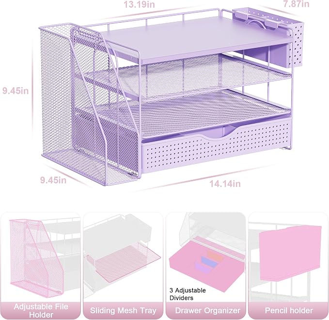 gianotter Wood Desk Organizers and Accessories with File Holder, 4-Tier Desk Accessories & Workspace Organizers with Drawer and Pen Holder, Desk Reference Organizer (Purple, 4T with Drawer) - Image 4