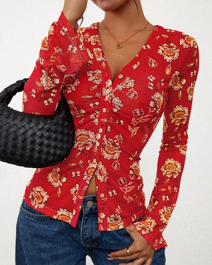 BTFBM Button Down Shirts for Women 2026 Fall Boho Tops V Neck Long Sleeve Blouses Ruched Mesh Fitted Fashion Clothing - Image 4