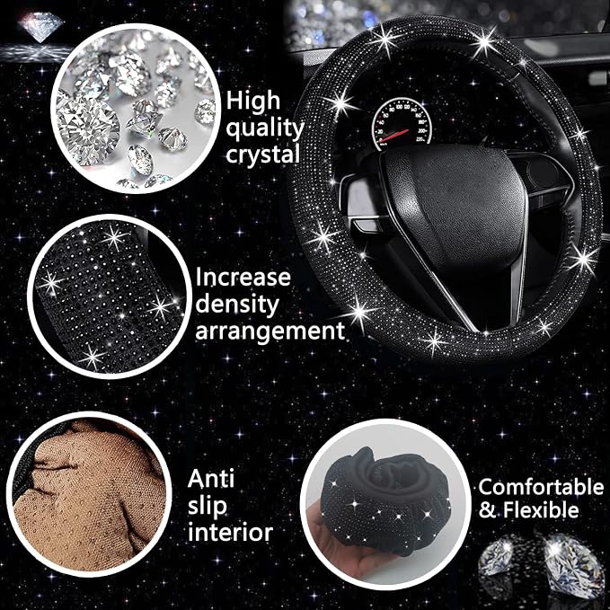 NBTEPEM 27 PCs Black Bling Car Accessories Set for Women, Steering Wheel Covers Universal Fit 15 Inch, Bling License Plate Frame, Bling Phone Holder, Bling Car Coasters (Black Diamond) - Image 3