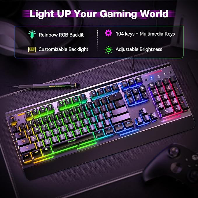 TECKNET Wired Gaming Keyboard, RGB Backlit Keyboard with Metal Panel Design | 15-Zone RGB Illumination, Whisper Quiet Design, IP32 Water Resistance, 25 Anti-ghosting Keys, Ergonomic Design - Image 3