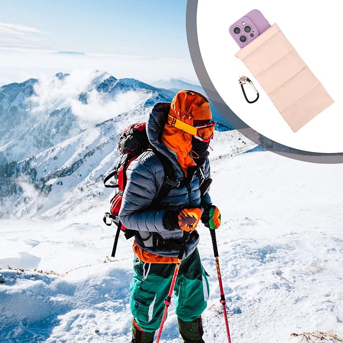 Lyreh Thermal Phone Pouch with Carabiner, Down Cotton Winter Insulated Warm Case Cover Bag Accessories Gift Prevents Freezing & Overheating Cellphone Sock for Outdoor Camping Hiking Skiing (Beige) - Image 5