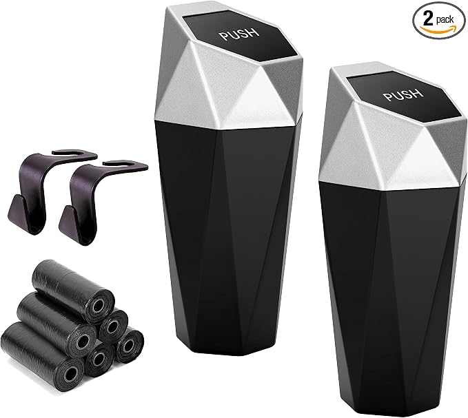 Ginsco Car Trash Can Cup Holder, 2 Pack Mini Car Trash Can with Lid, Car Accessories for Interior, Leakproof Small Trash Cup for Car, Home with Additional 2 ABS Hooks and 90pcs Trash Bags Silver by Ginsco