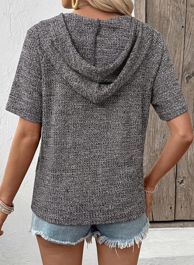 Dokotoo Womens Summer Tops 2026 Short Sleeve Button V Neck Waffle Knit Lightweight Drawstring Hoodies Casual Blouses Shirts - Image 2