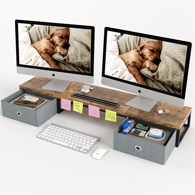 39 Inch Dual Monitor Stand Riser with 2 Drawers - Large Brown Wooden Computer Stand for 2 Monitors, Ergonomic Desk Organizer with Phone Holder, Desktop Storage for Laptop, Office Supplies, Home Office - Image 9