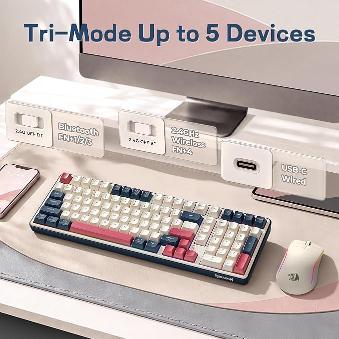 Redragon S174 Gaming Keyboard and Mouse Wireless with Tri-Mode, RGB Keyboard and 5000 DPI 61G Ultra-Light Gaming Mouse, Computer Keyboard Creamy Cute with Number Pad BT/2.4GHz/USB-C - Beige - Image 2