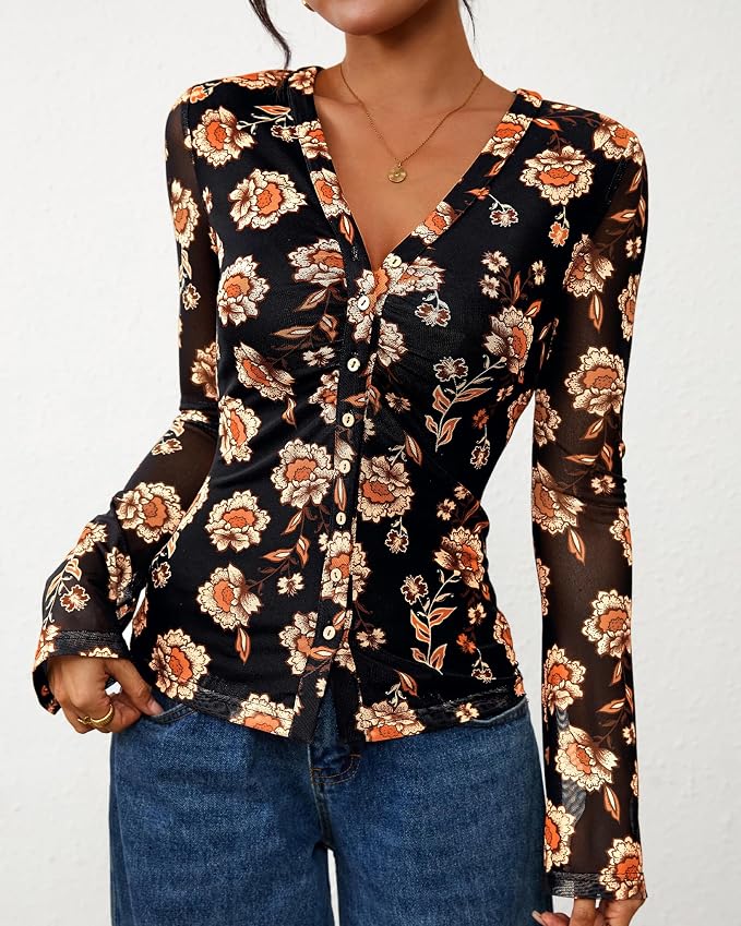 BTFBM Button Down Shirts for Women 2026 Fall Boho Tops V Neck Long Sleeve Blouses Ruched Mesh Fitted Fashion Clothing - Image 6