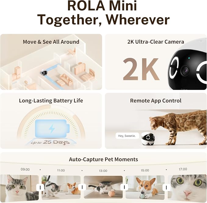 Enabot EBO ROLA Mini Pet Camera Robot: 2K FamilyBot Mobile Home Companion | Whole-Home Mobility, Two-Way Talk, Night Vision, Long Battery Life, Local Storage, Long Distance Gift - Image 2