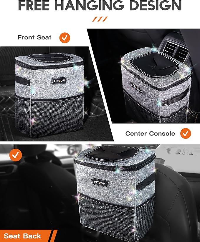 HOTOR Car Trash Can with Lid and Storage Pockets - 100% Leak-Proof Organizer, Waterproof Garbage Can, Multipurpose Trash Bin for Car, 2 Gallons, Sparkle White - Image 7