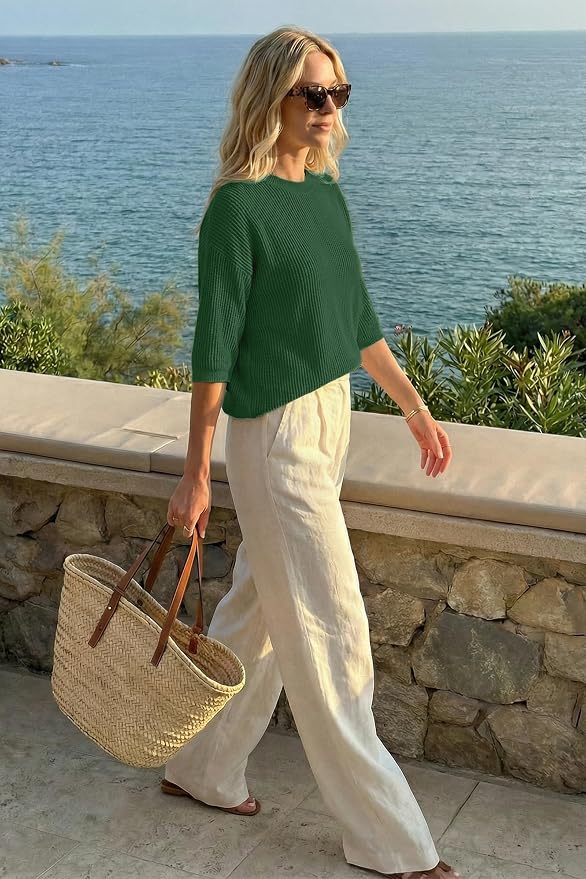 Arach&Cloz Womens Summer 100% Cotton Oversized Crochet Tops 3/4 Length Sleeve Sweater Hollow Out Casual Blouses 2026 - Image 5