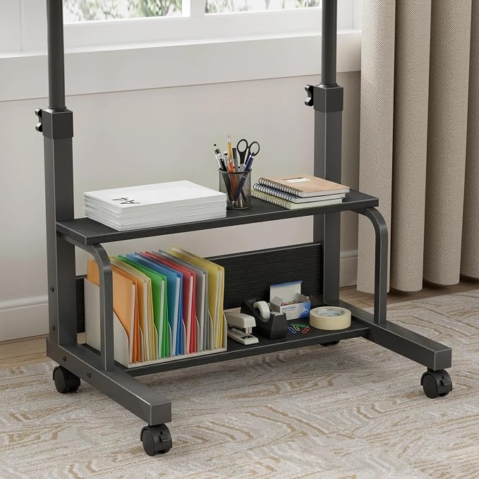 WINAZ Small Portable Rolling Kids Desk - 32" Mobile Laptop Desk with Wheels for Small Spaces, Height Adjustable C Shaped Side Table with 2-Tier Storage Shelves, Black - Image 9