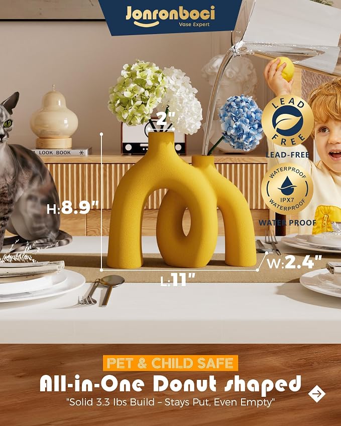Hug Donut Decorative Vase Set - Yellow Vase, Modern Nordic Boho Style Vases Home Decor, Matte Ceramic Decorations for Living Room Shelf, Bookshelf Mantle Entryway Table or Console Décor (Yellow) - Image 3