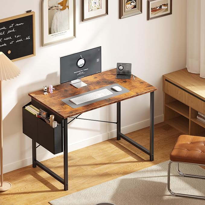 OLIXIS Small Computer Desk, 40 Inch Gaming Desks for Home Office | Writing Study Craft Work Table, Computer Workstation for Bedroom Small Spaces with Storage Bag, Rustic Brown - Image 2