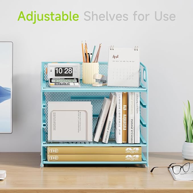 Cawukege 5 Tier Paper Organizer with Handle, Blue Metal Mesh Desk Organizer File Folder Paper Letter Tray Desktop Document Sorter for Classroom, School, Office Accessories Organization and Storage - Image 2