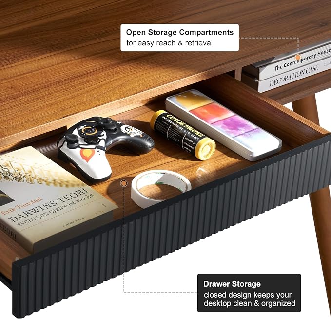 Walnut Wood Desk with Drawer, 42.5" Mid Century Modern Writing Desk | Drawer & Open Storage Cubby, Cable Grommet, Solid Wood Legs, Reinforced Structure for an Organized & Stable Workspace - Image 4