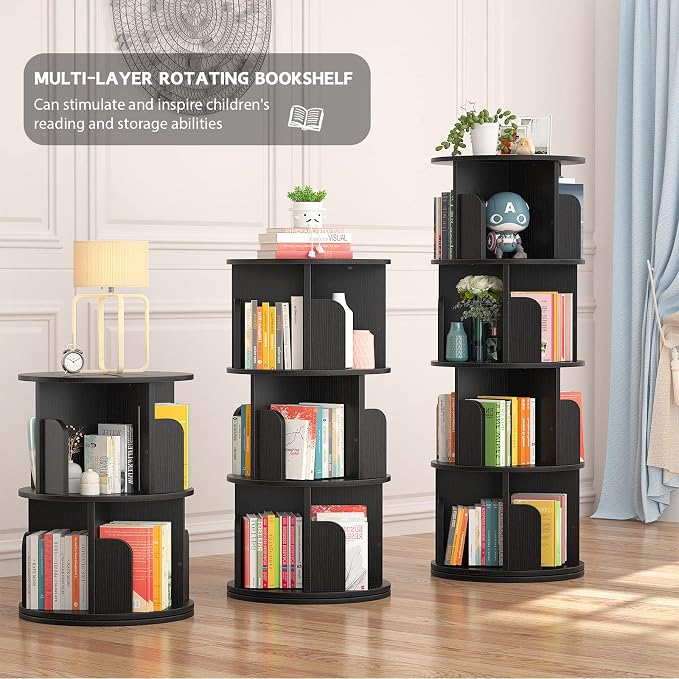 Aheaplus Rotating Bookshelf, 360 Revolving Bookshelf Tower for Small Space, 4 Tier Floor Standing Bookcase Storage Rack, Wood Narrow Book Shelf Organizer for Bedroom, Living Room, Study Room, Black - Image 5