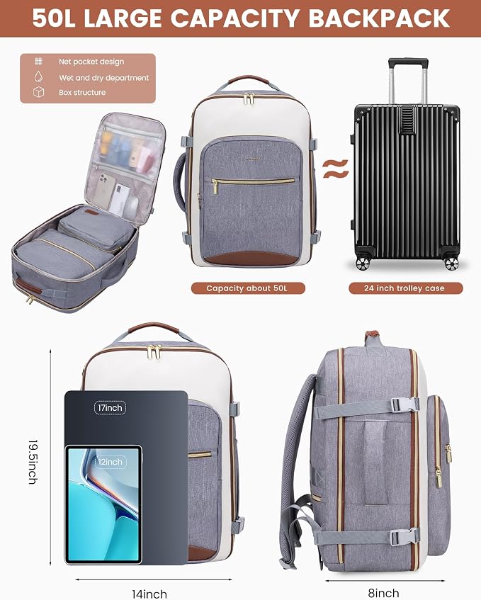 LOVEVOOK 50L Travel Backpack for Women & Men, Airline Approved Carry On Luggage with 3 Packing Cubes, TSA Overnight Bags, Waterproof Personal Item Bag, Weekender Essentials Backpacks fits 17" Laptop - Image 3