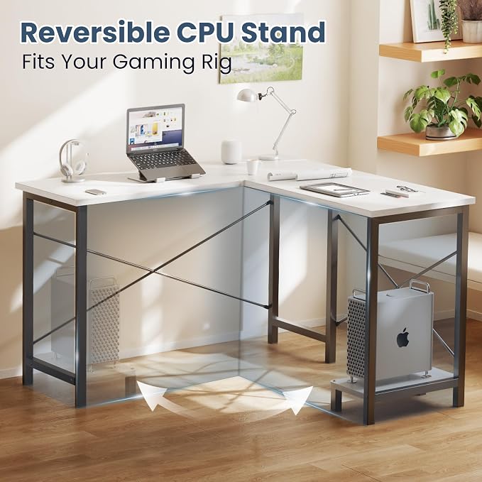 DUMOS 50-Inch Reversible L Shaped Desk with CPU Shelf, White | Computer Desk with Sturdy Metal Frame, Corner Gaming Desk, Home Office Desk for Study, Writing and Work, Sturdy Modern Design - Image 5