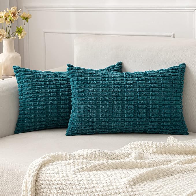 MIULEE Pack of 2 Corduroy Decorative Lumbar Throw Pillow Covers 20x12 Inch Soft Boho Striped Pillow Covers Modern Farmhouse Home Decor for Summer Coastal Sofa Living Room Couch Bed Teal by MIULEE