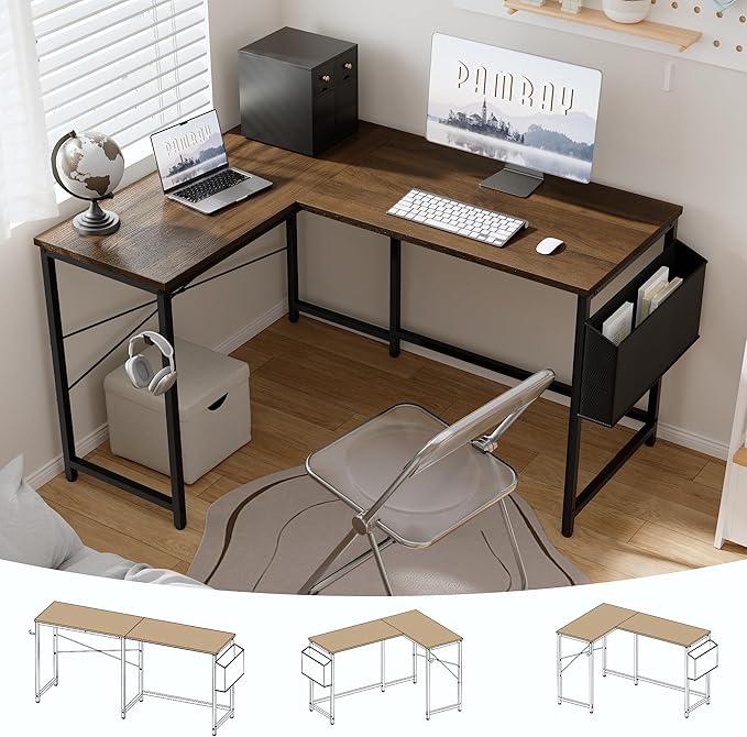 Pamray 47 Inch Reversible L Shaped Gaming Desk Corner Computer Desk with Storage Bag Home Office Table for Writing Study Brown by PAMRAY