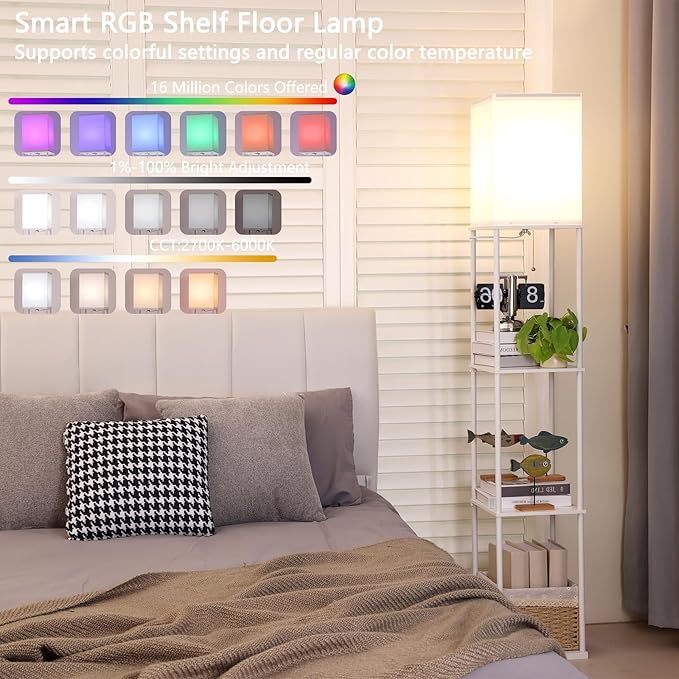 Gupuzm Floor Lamp with Shelves, with Modern Square Standing Lamp with Smart APP Control RGB Bulb, Corner Display Bookshelf Lamp for Living Room, Bedroom and Office (White-9RGB) - Image 2
