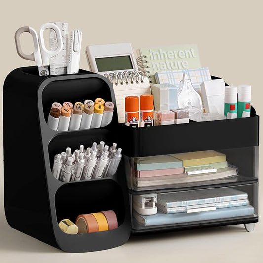 HBlife Desk Organizer with Pen Pencil Holder for Desk, Pen Organizer with 2 Drawers, Desk Organizers and Accessories with 4 Compartments, Desktop Storage for Office Home School Art Supplies, Black by HBlife