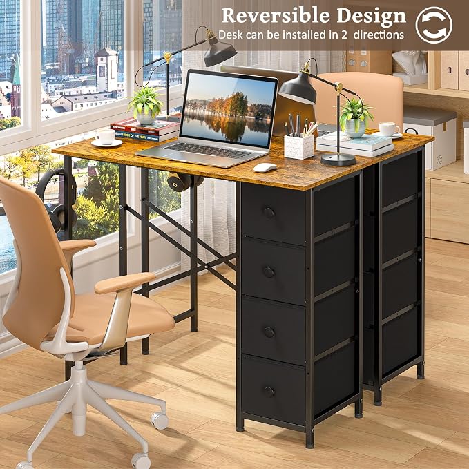 Small Computer Desk with 4 Fabric Drawers, 36 Inch Reversible Writing Desk for Home Office Bedroom, Modern Simple Kids Student Study Desk with Storage, Compact Desk for Small Spaces, Rustic Brown - Image 3