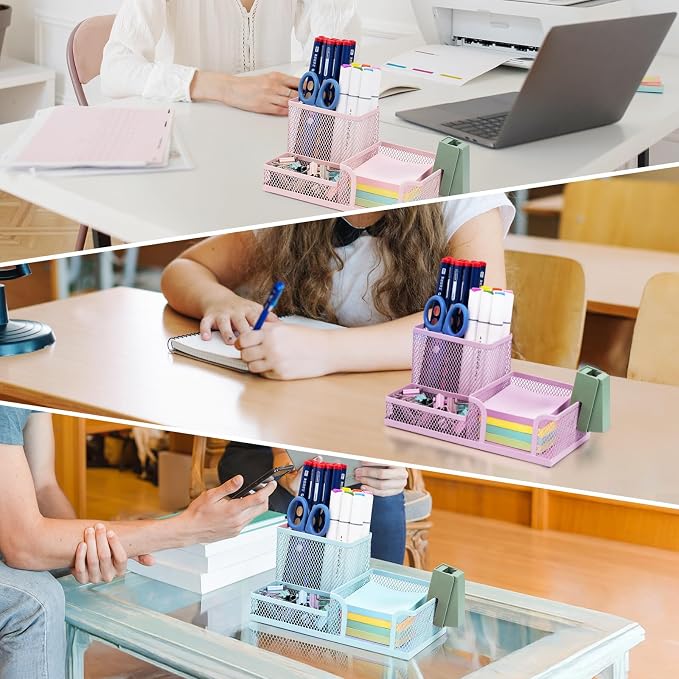 M&G Mesh Pen Holder Desk Organizers Pencil Holder for Desk Light Blue, 3 Compartments Metal Office Supply Organizer with Sticky Notes Holder for Home Office - Image 6